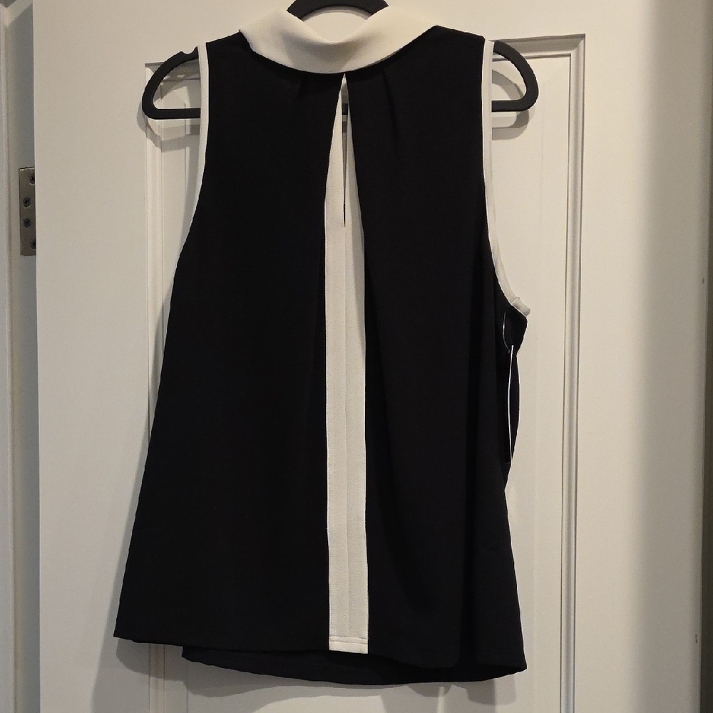Tahari Black Sleeveless Mock Neck Top with White Contrast Trim